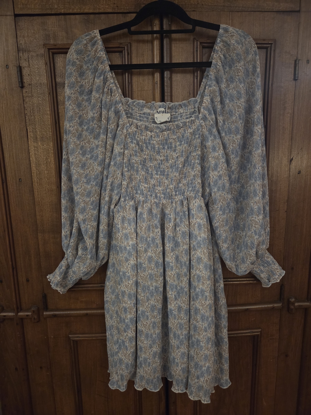 ARULA Blue and Cream Floral Smocked Long-Sleeve Mini Dress